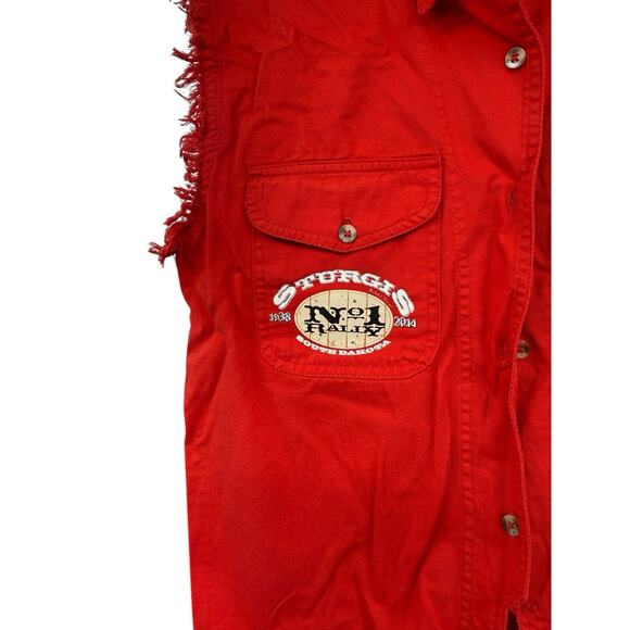 Sturgis 2014 Red Button Up Tie Front Sleeveless Shirt Graphic Biker Womens 2XL - Picture 4 of 6
